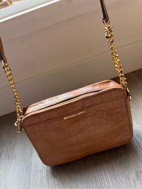 Michael Kors Cognac Croc-Embossed Crossbody Bag with Gold Chain